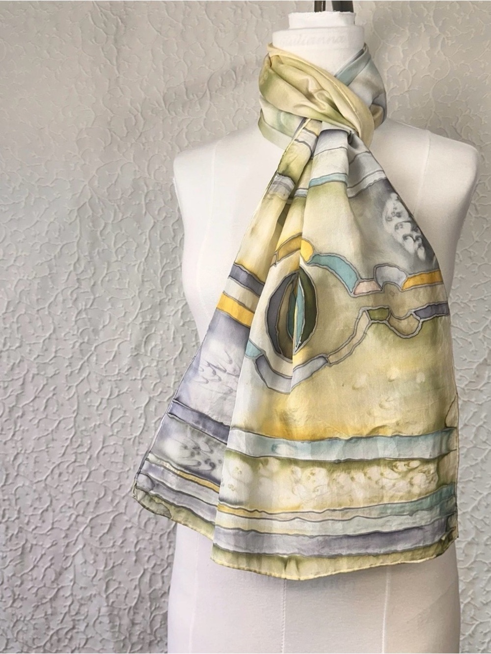 Hand Painted Silk Scarf Geometric Sketch Sheer Multicolored Art Lightweight